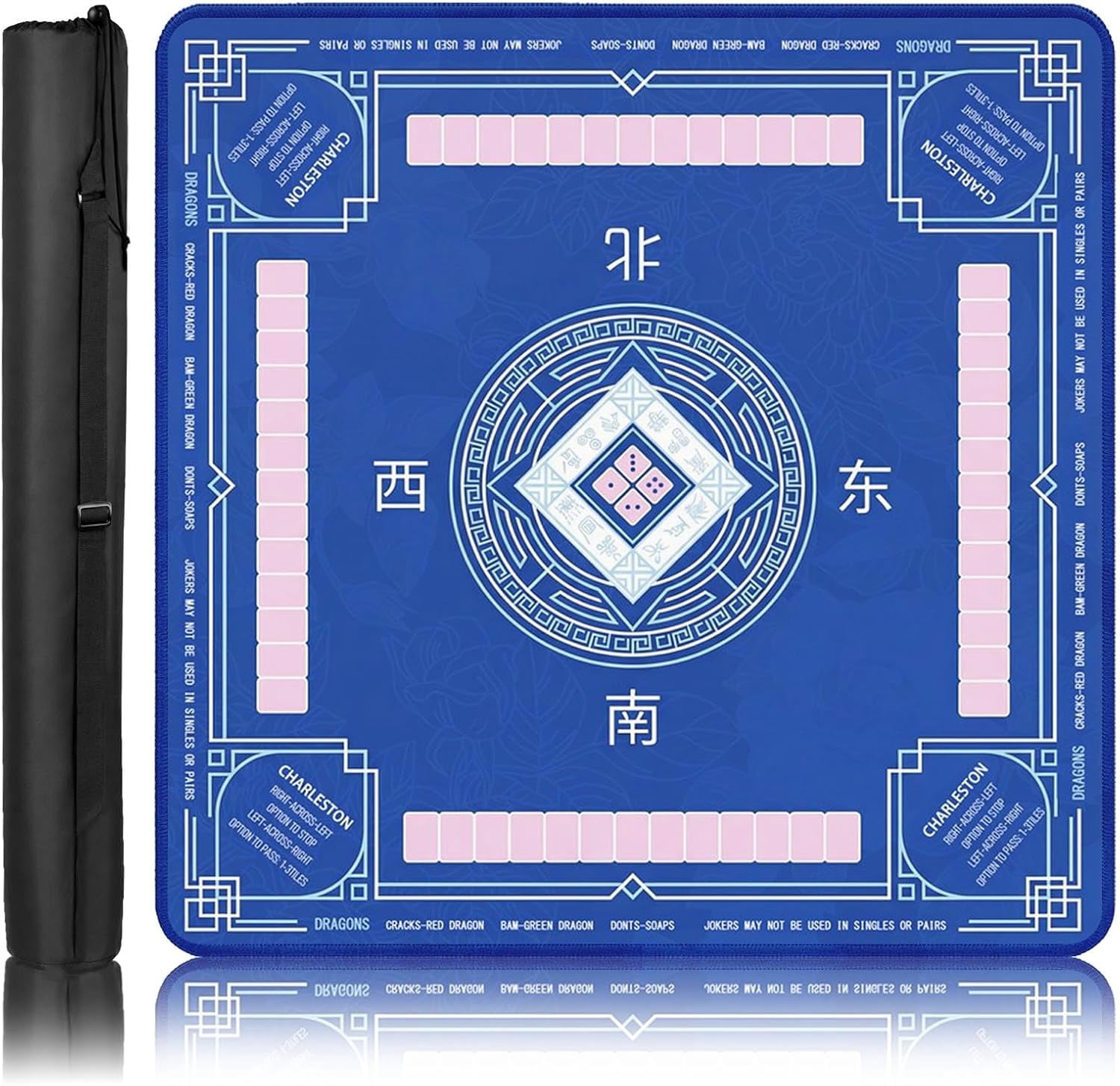Mahjong Mat with Black Carrying Bag Blue Non-Slip Noise Reduction Gaming Mat 31.5" x 31.5" Rubber Multi Purpose Game Table Cover for Mahjong Card Dominoes Board Tile Games