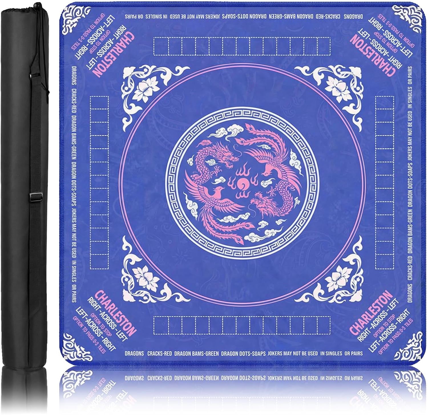 Mahjong Mat with Black Carrying Bag Blue Pink Dragon Non-Slip Noise Reduction Gaming Mat 31.5" x 31.5" Rubber Multi Purpose Game Table Cover for Mahjong Card Dominoes Board Tile Games
