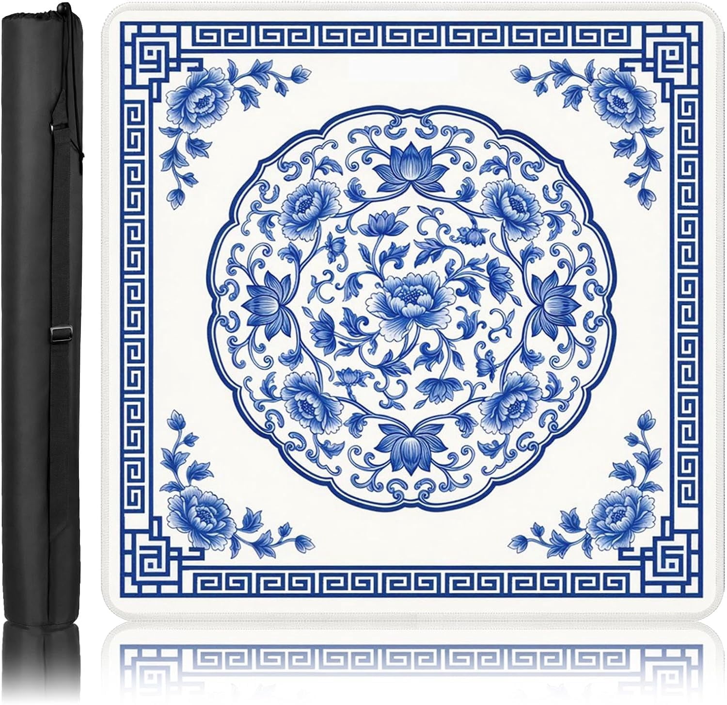Mahjong Mat with Black Carrying Bag Floral Blue Oriental Non-Slip Noise Reduction Gaming Mat 31.5" x 31.5" Rubber Multi Purpose Game Table Cover for Mahjong Card Dominoes Board Tile Games