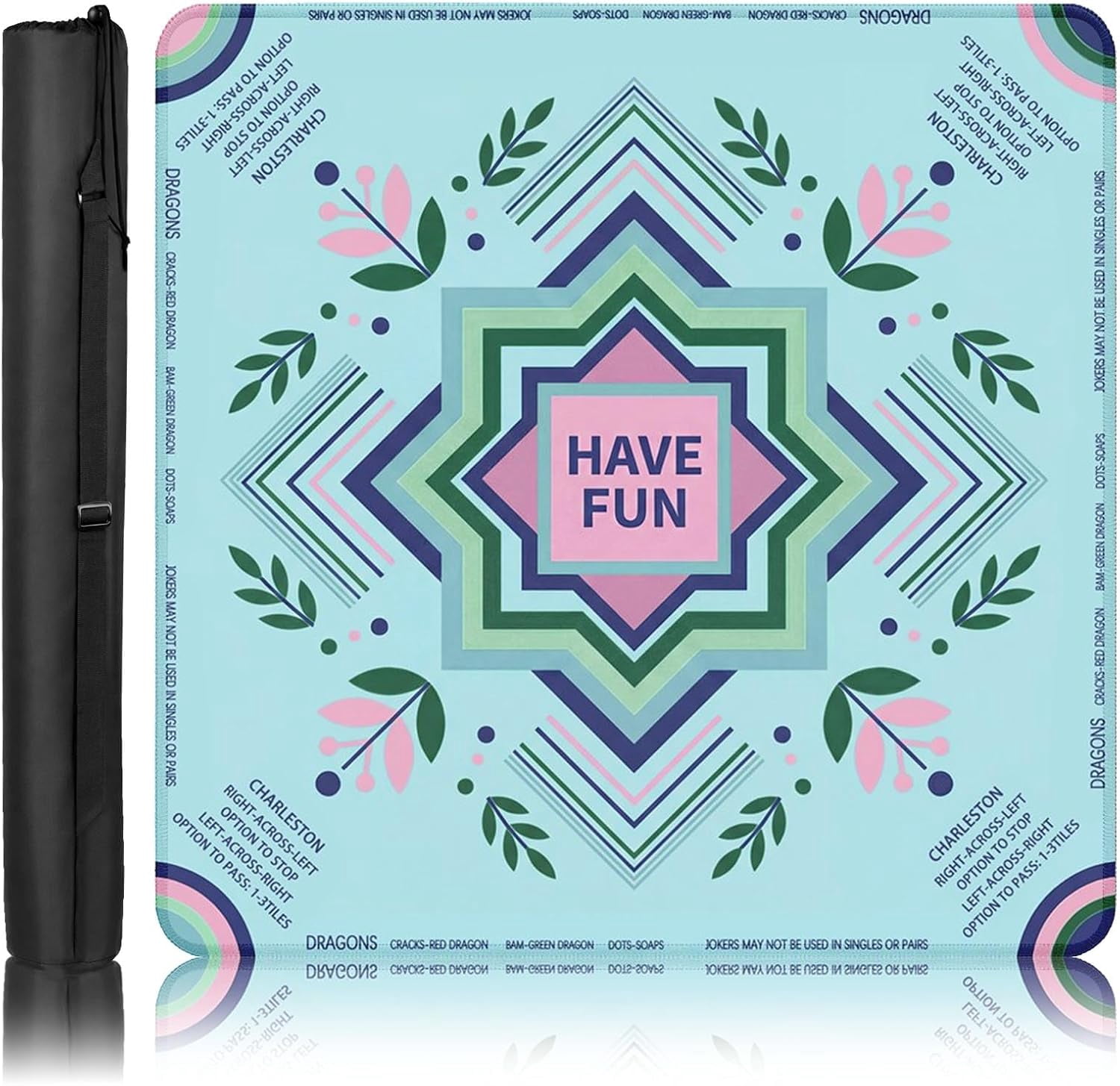 Mahjong Mat with Black Carrying Bag Geometric Boho Floral Non-Slip Noise Reduction Gaming Mat 31.5" x 31.5" Rubber Multi Purpose Game Table Cover for Mahjong Card Dominoes Board Tile Games