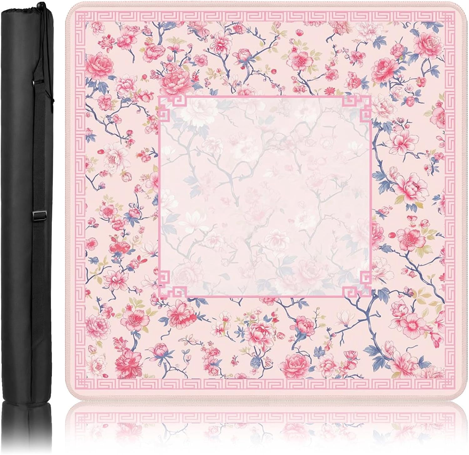Mahjong Mat with Black Carrying Bag Pink Floral Spring Non-Slip Noise Reduction Gaming Mat 31.5" x 31.5" Rubber Multi Purpose Game Table Cover for Mahjong Card Dominoes Board Tile Games