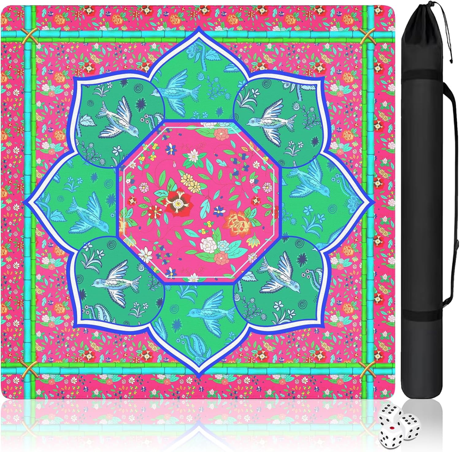 Mahjong Mat with Carrying Bag and 3 Dice, 31.5" X 31.5" Noise Reduction Mahjong Table Cover, Non Slip Gaming Mat for Board Tile Games Poker Card Dominoes, Mahjong Gifts for Women Mahjong Accessories