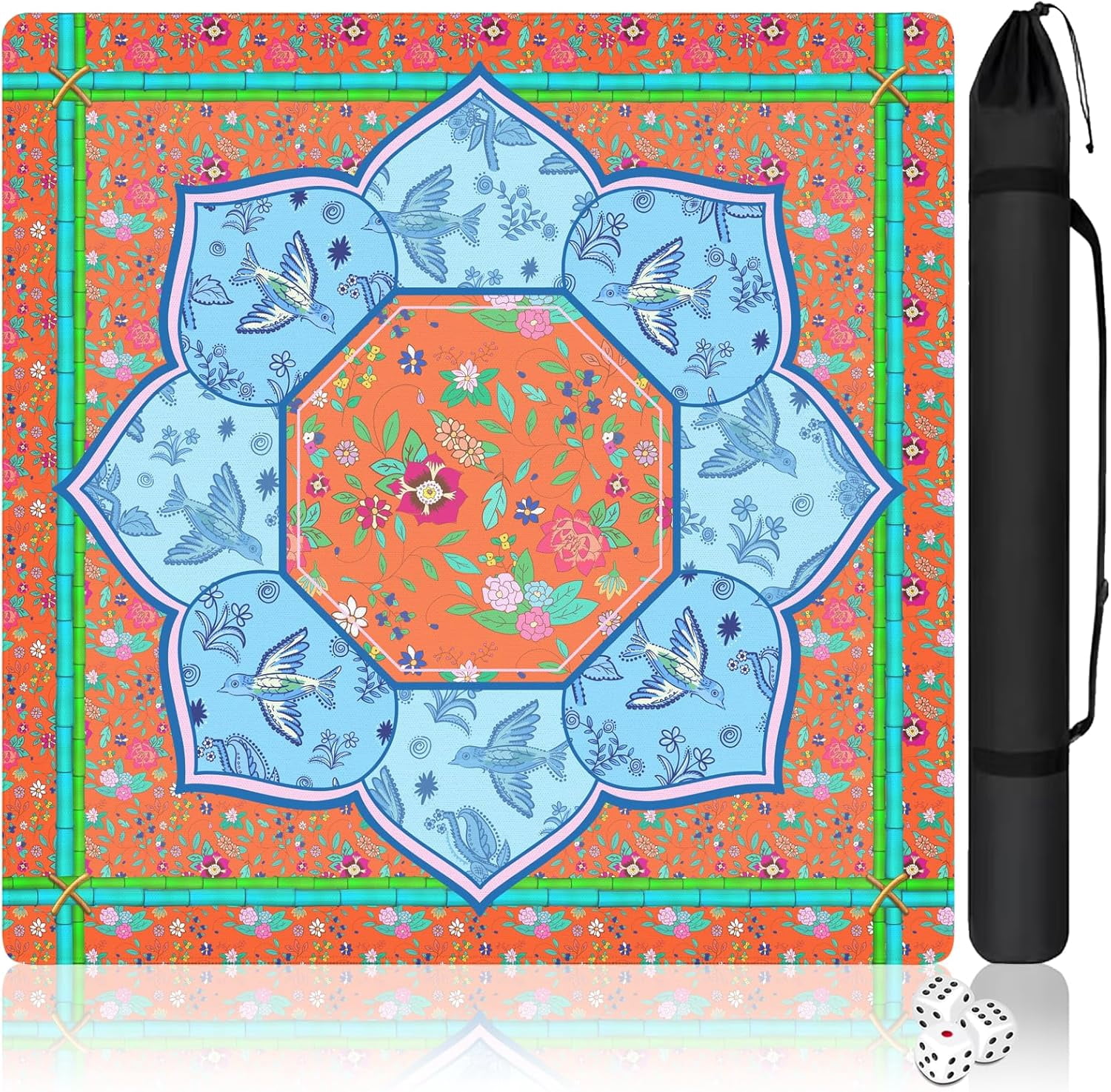 Mahjong Mat with Carrying Bag and 3 Dice, 31.5" X 31.5" Noise Reduction Mahjong Table Cover, Non Slip Gaming Mat for Board Tile Games Poker Card Dominoes, Mahjong Gifts for Women Mahjong Accessories