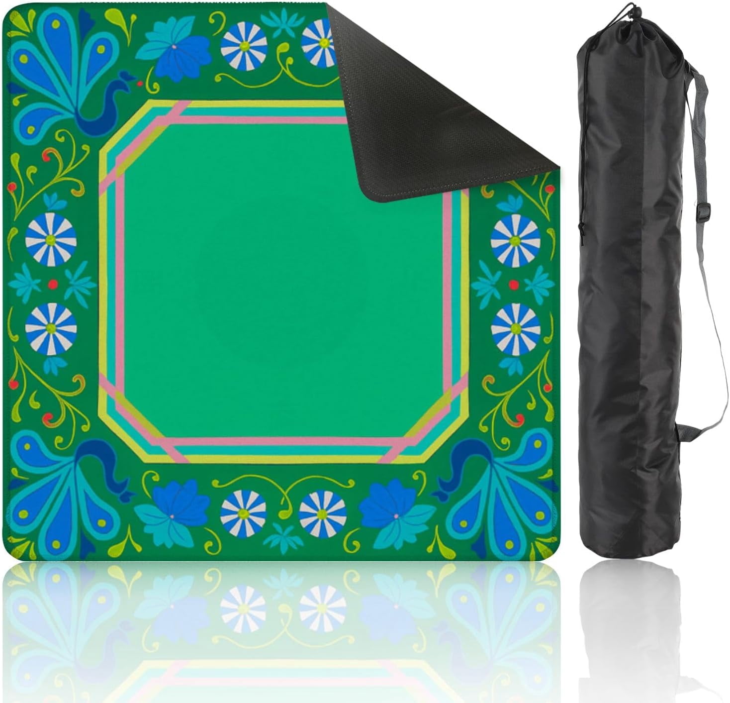 Mahjong Mat with Carrying Bag 31.5" x 31.5" Non-Slip Noise Reduction Abstract Floral Motifs Vibrant Colors Table Mat for Mahjong Poker Dominoes Card Board Tile Games