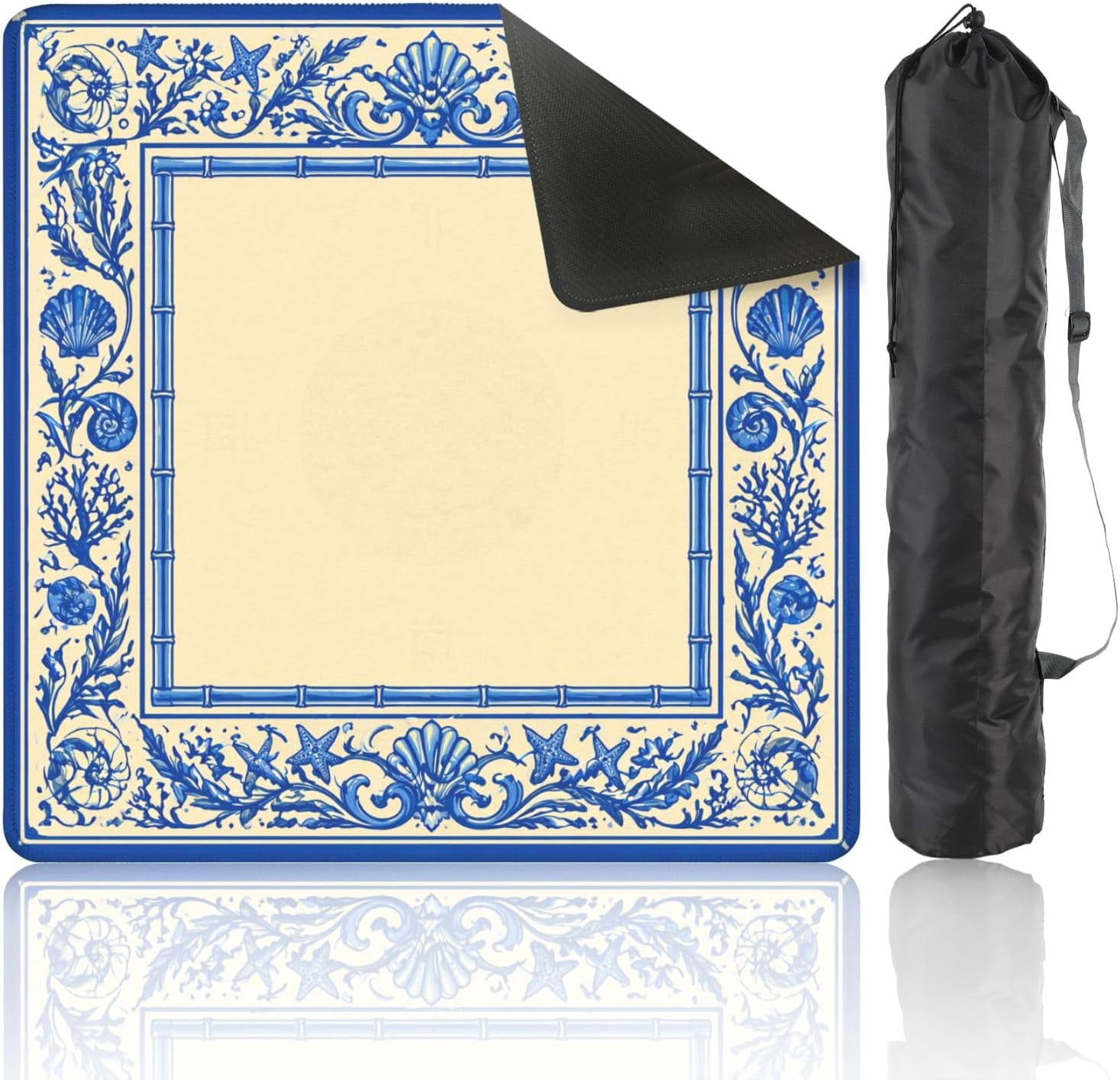 Mahjong Mat with Carrying Bag 31.5" x 31.5" Non-Slip Noise Reduction Blue Floral Bamboo Border Design Chinese Pagodas Table Mat for Mahjong Poker Dominoes Card Board Tile Games