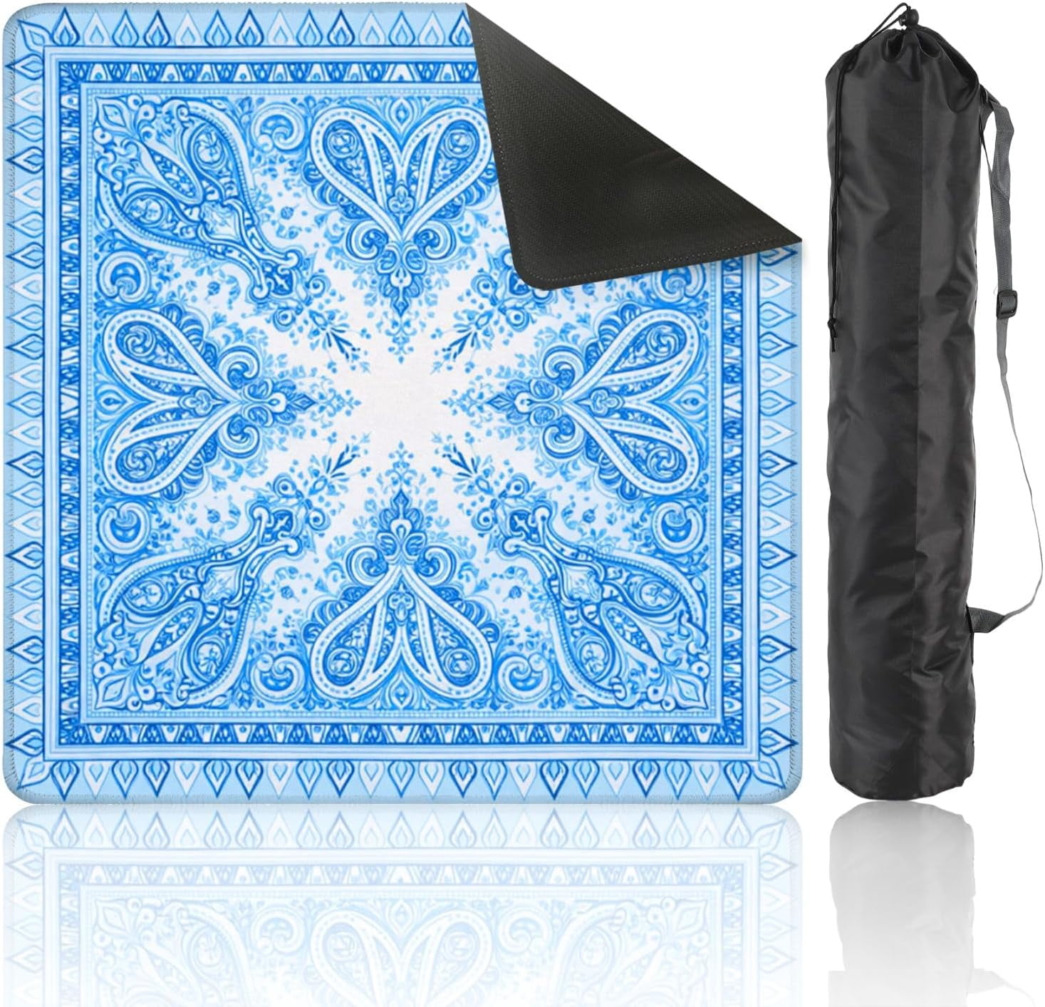 Mahjong Mat with Carrying Bag 31.5" x 31.5" Non-Slip Noise Reduction Blue Ornamental Mandala Symmetrical Floral Paisley Design Table Mat for Mahjong Poker Dominoes Card Board Tile Games