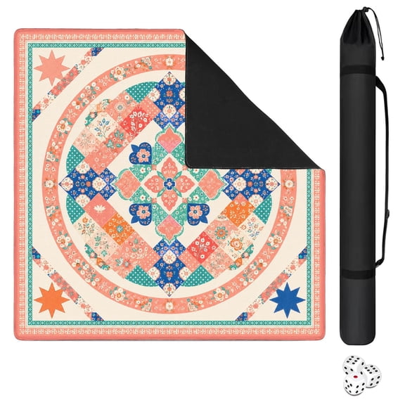 Mahjong Mat with Carrying Bag 31.5" x 31.5" Non-Slip Noise Reduction Coral Floral Patchwork Medallion Table Mat for Mahjong Poker Dominoes Card Board Tile Games