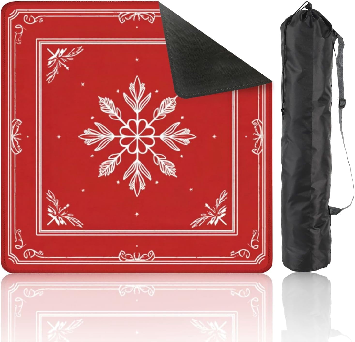Mahjong Mat with Carrying Bag 31.5" x 31.5" Non-Slip Noise Reduction Elegant White Snowflake Floral Accents Red Table Mat for Mahjong Poker Dominoes Card Board Tile Games