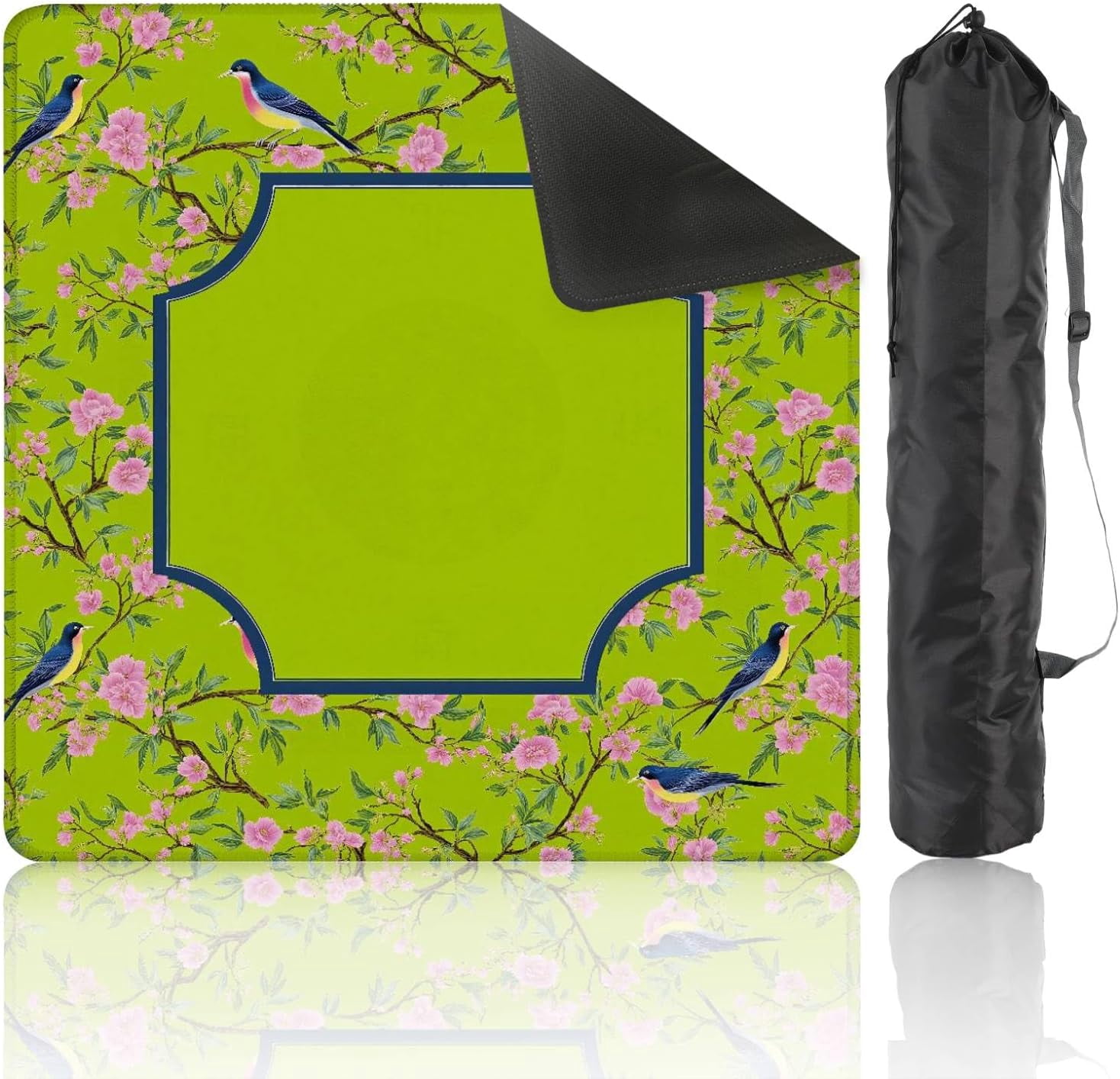 Mahjong Mat with Carrying Bag 31.5" x 31.5" Non-Slip Noise Reduction Floral Birds Vibrant Pink Flowers Green Decorative Frame Design Table Mat for Mahjong Poker Dominoes Card Board Tile Games