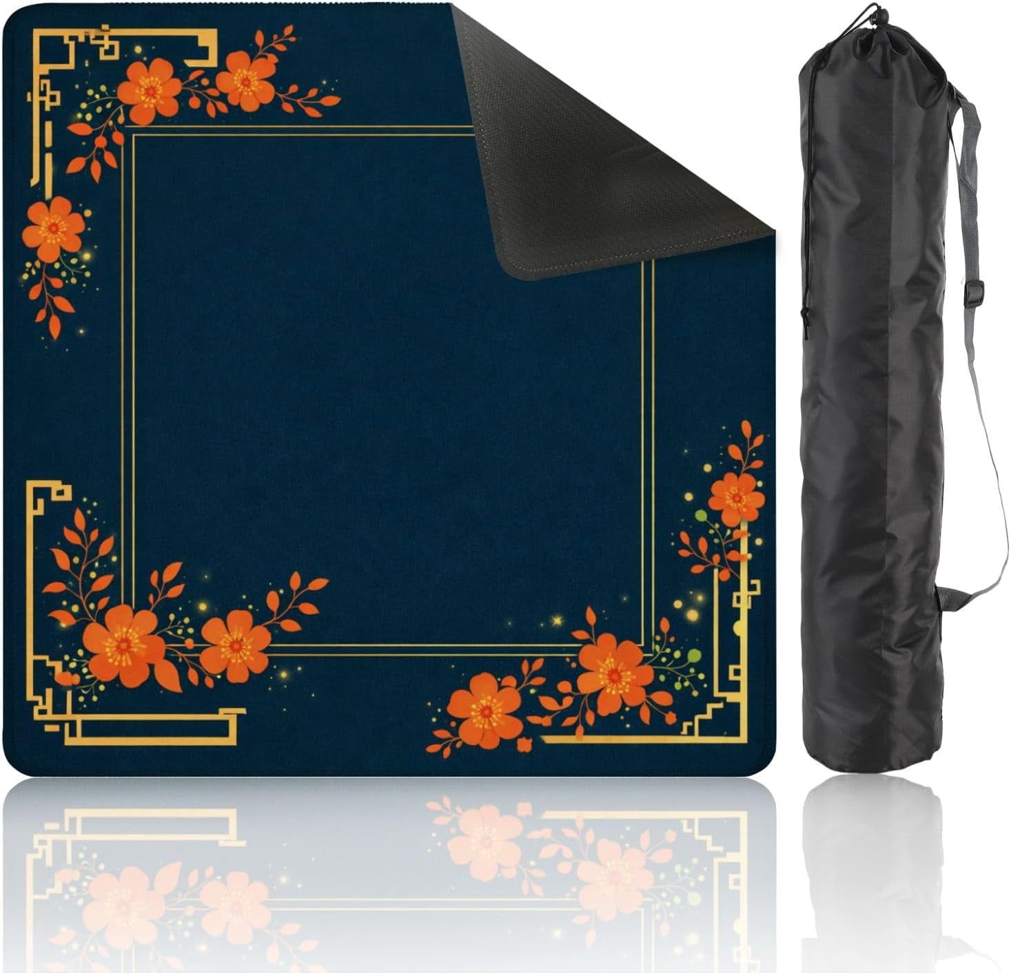 Mahjong Mat with Carrying Bag 31.5" x 31.5" Non-Slip Noise Reduction Floral Frame Orange Blossoms Gold Geometric Border Dark Blue Table Mat for Mahjong Poker Dominoes Card Board Tile Games