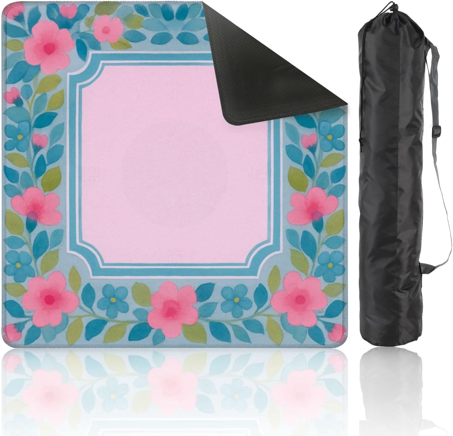 Mahjong Mat with Carrying Bag 31.5" x 31.5" Non-Slip Noise Reduction Floral Frame Pink Blue Flowers Soft Pink Table Mat for Mahjong Poker Dominoes Card Board Tile Games