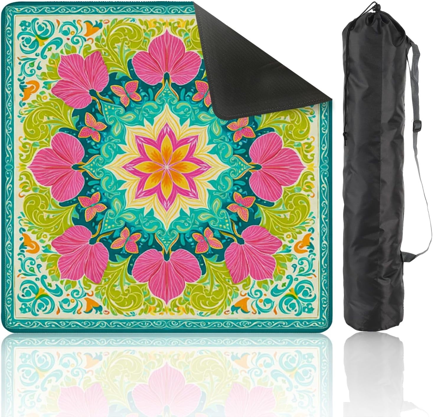 Mahjong Mat with Carrying Bag 31.5" x 31.5" Non-Slip Noise Reduction Floral Mandala Vibrant Pink Green Petals Teal Table Mat for Mahjong Poker Dominoes Card Board Tile Games