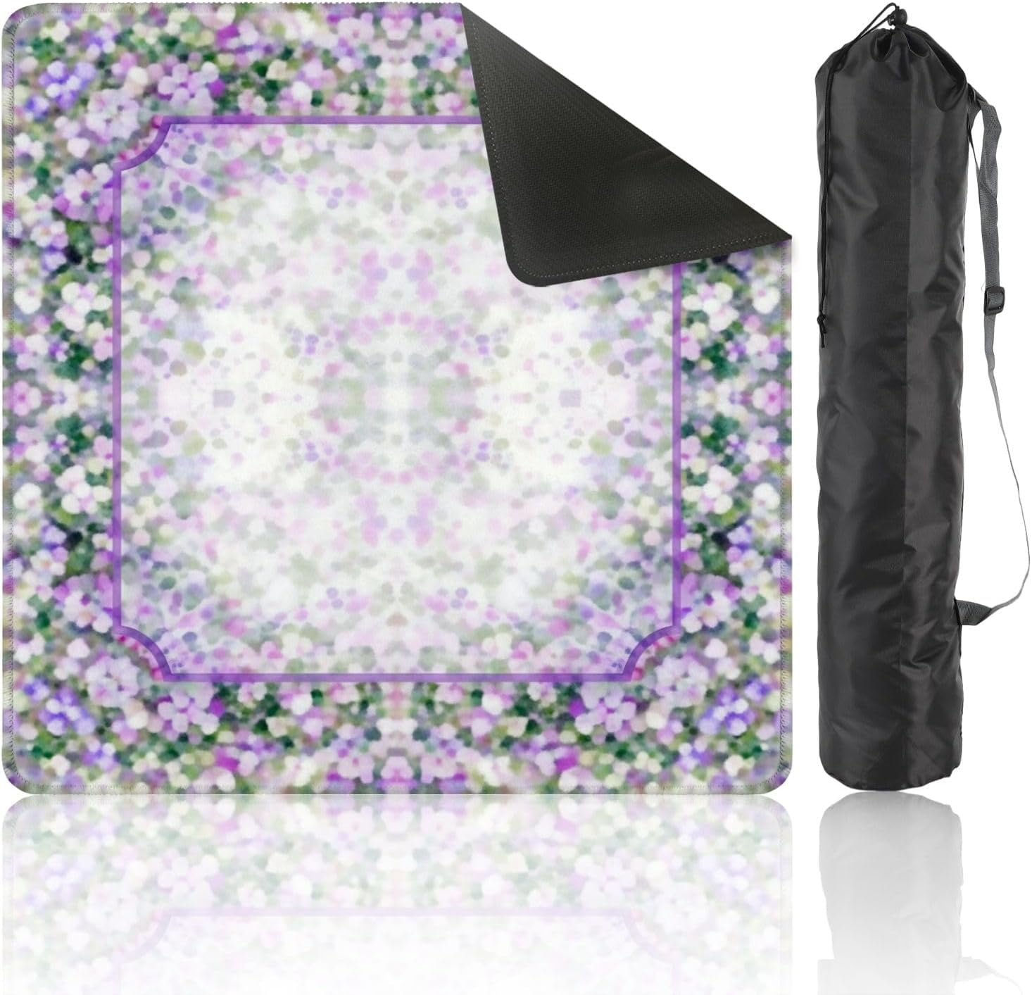Mahjong Mat with Carrying Bag 31.5" x 31.5" Non-Slip Noise Reduction Floral Pastel Watercolor Soft Purple Frame Abstract Blossoms Table Mat for Mahjong Poker Dominoes Card Board Tile Games