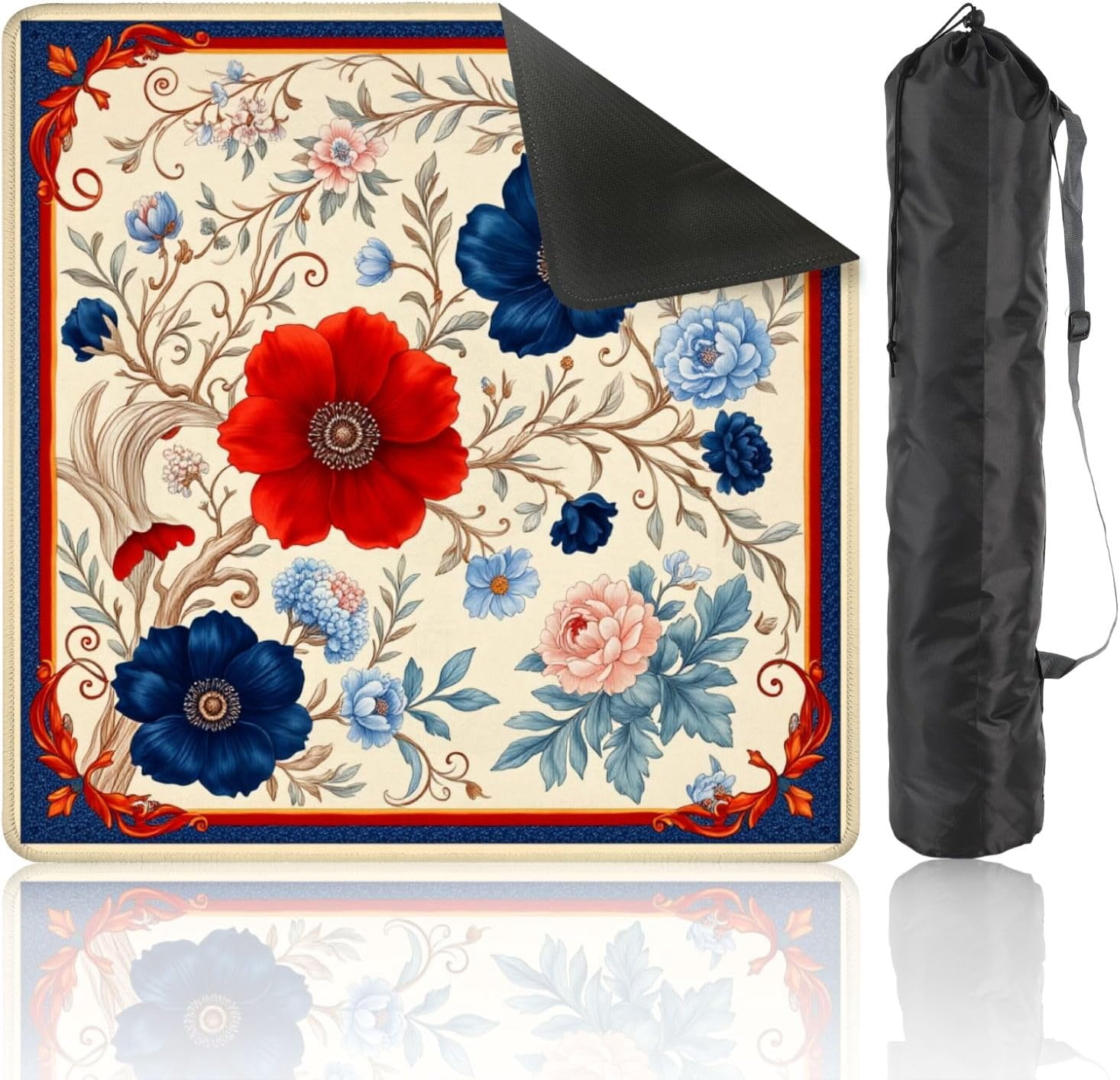 Mahjong Mat with Carrying Bag 31.5" x 31.5" Non-Slip Noise Reduction Floral Red Blue Flowers Cream Ornamental Botanical Design Table Mat for Mahjong Poker Dominoes Card Board Tile Games
