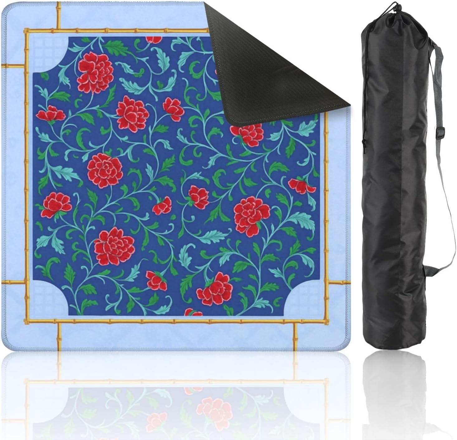 Mahjong Mat with Carrying Bag 31.5" x 31.5" Non-Slip Noise Reduction Floral Red Roses Green Vines Blue Table Mat for Mahjong Poker Dominoes Card Board Tile Games