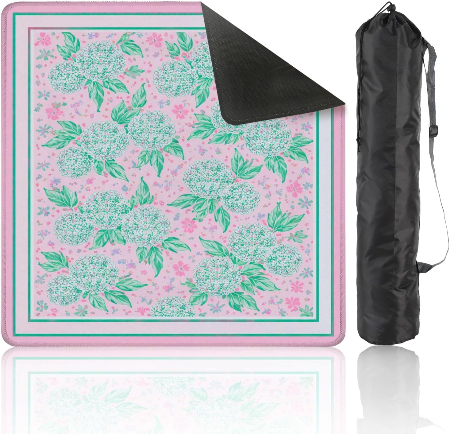 Mahjong Mat with Carrying Bag 31.5" x 31.5" Non-Slip Noise Reduction Hydrangea Floral Mint Green Blooms Pink Table Mat for Mahjong Poker Dominoes Card Board Tile Games