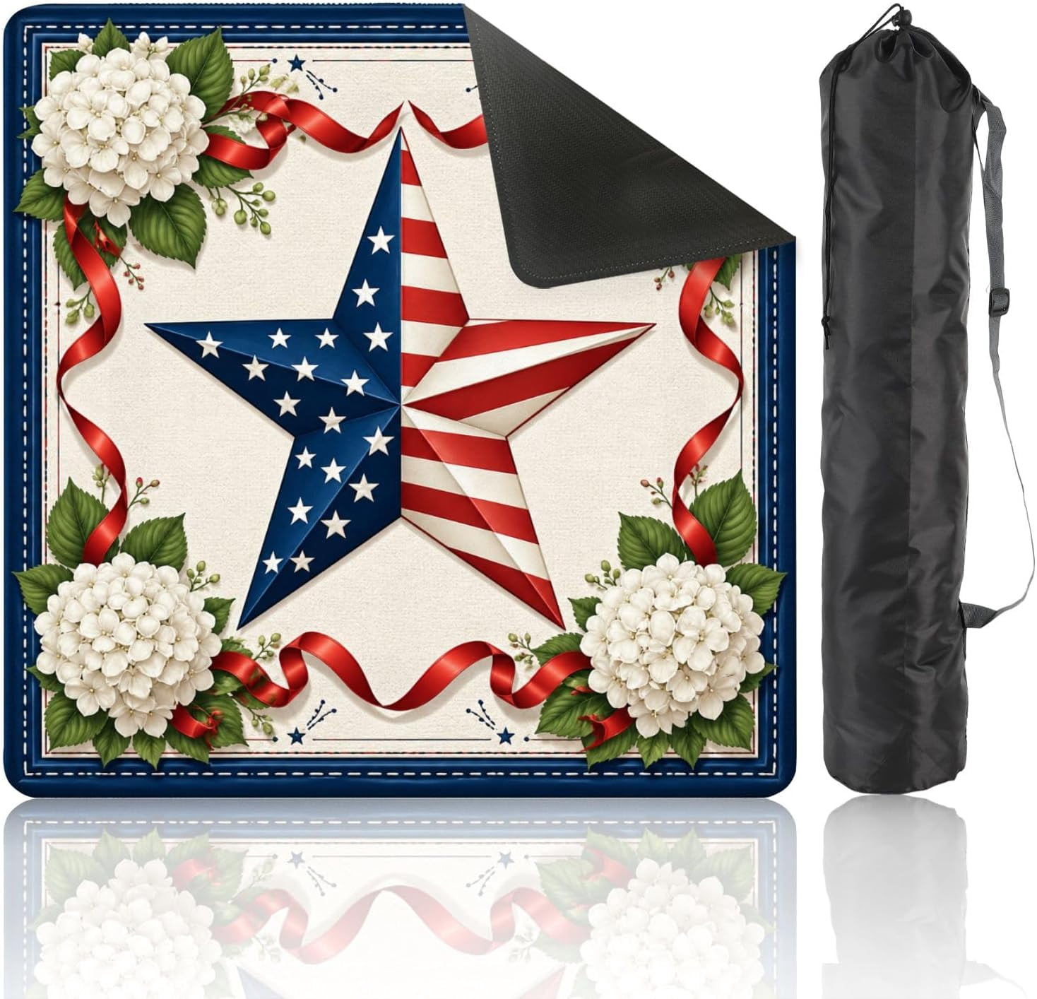 Mahjong Mat with Carrying Bag 31.5" x 31.5" Non-Slip Noise Reduction Patriotic American Flag Star Red Ribbons White Table Mat for Mahjong Board Game Tile Games Independence Day Decorations