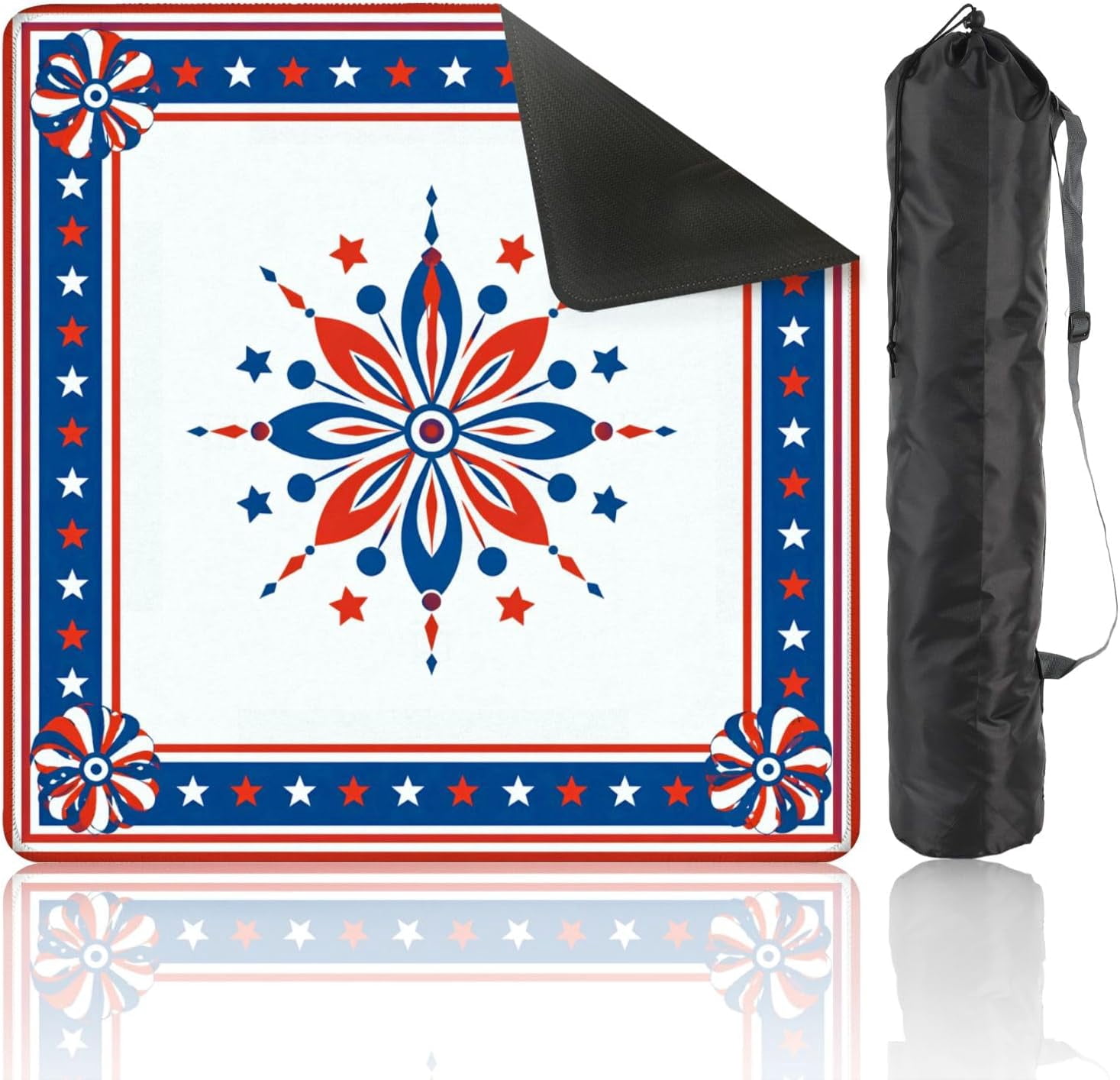 Mahjong Mat with Carrying Bag 31.5" x 31.5" Non-Slip Noise Reduction Patriotic Red White Blue Fireworks Starry Border Ribbon Bows Table Mat for Mahjong Poker Dominoes Card Board Tile Games