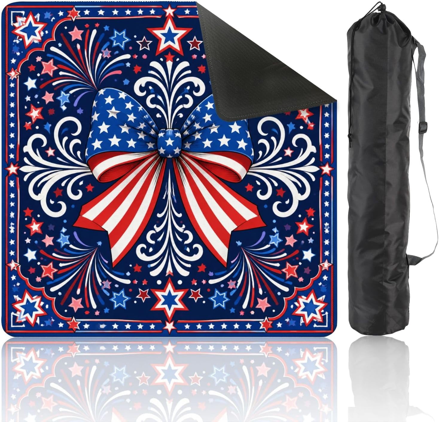 Mahjong Mat with Carrying Bag 31.5" x 31.5" Non-Slip Noise Reduction Patriotic Red White Blue Star Spangled Ribbon Bow Table Mat for Mahjong Board Game Tile Games Independence Day Decorations