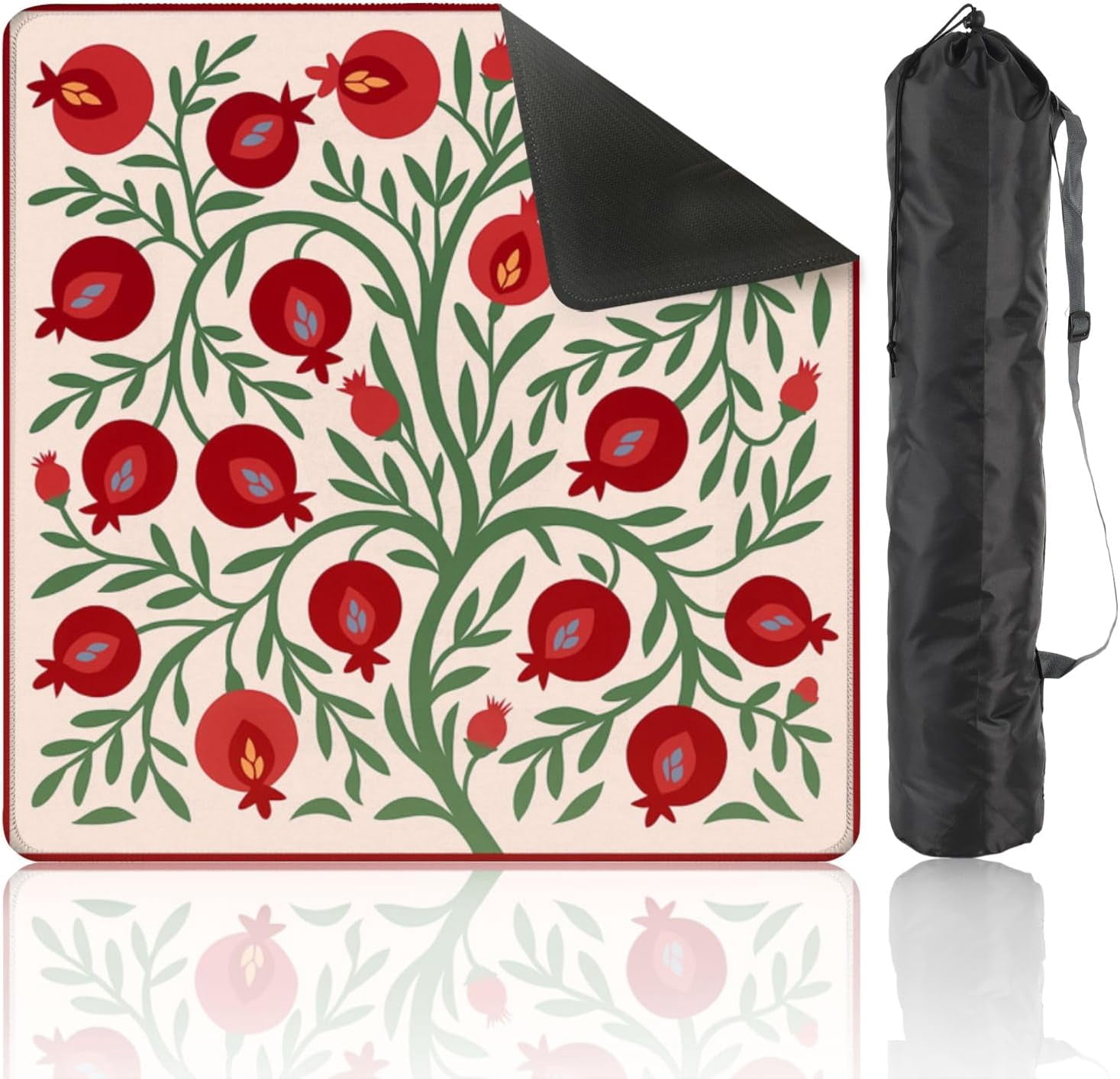 Mahjong Mat with Carrying Bag 31.5" x 31.5" Non-Slip Noise Reduction Pomegranate Tree Folk Art Red Fruits Green Leaves Light Table Mat for Mahjong Poker Dominoes Card Board Tile Games