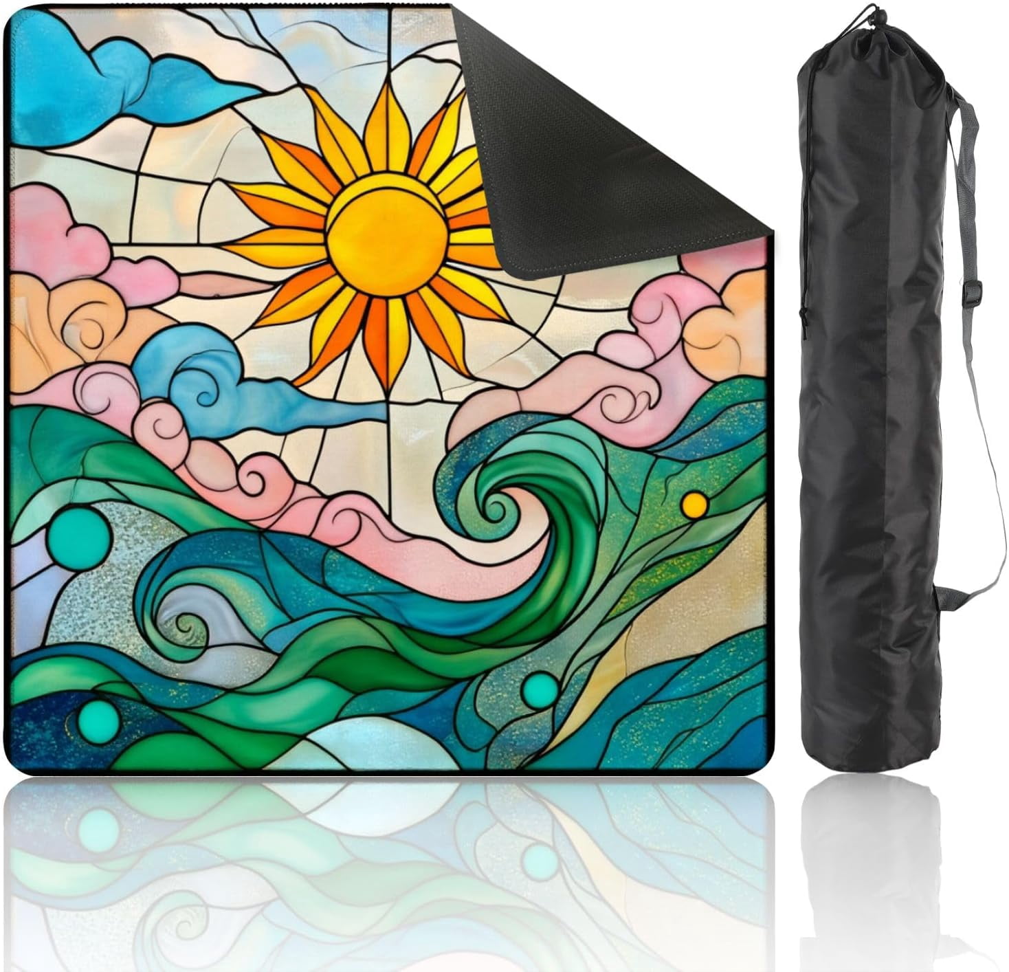 Mahjong Mat with Carrying Bag 31.5" x 31.5" Non-Slip Noise Reduction Stained Glass Sun Waves Pink Clouds Blue Sky Table Mat for Mahjong Poker Dominoes Card Board Tile Games