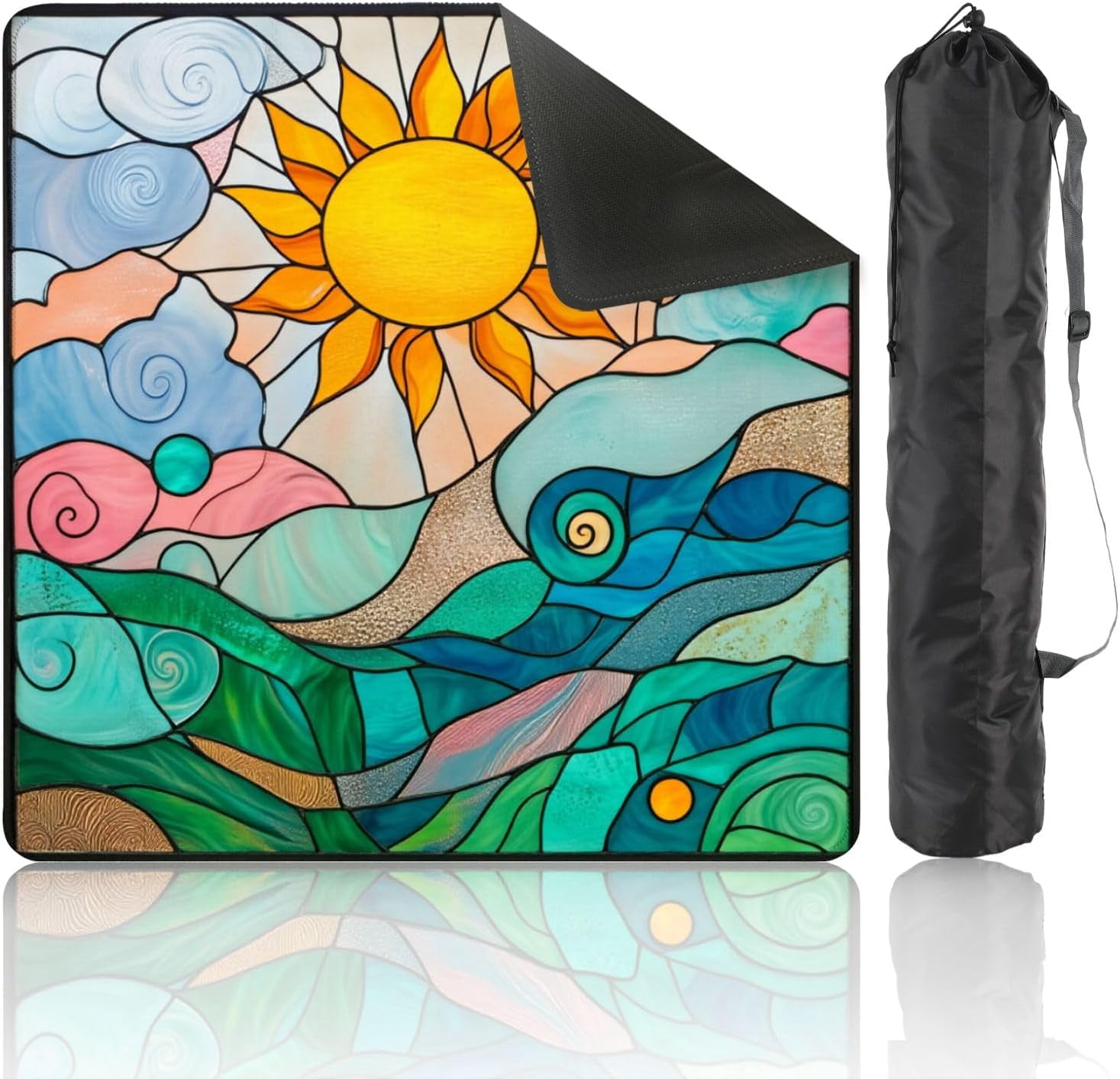 Mahjong Mat with Carrying Bag 31.5" x 31.5" Non-Slip Noise Reduction Vibrant Stained Glass Landscape Sun Hills Swirling Sky Table Mat for Mahjong Poker Dominoes Card Board Tile Games