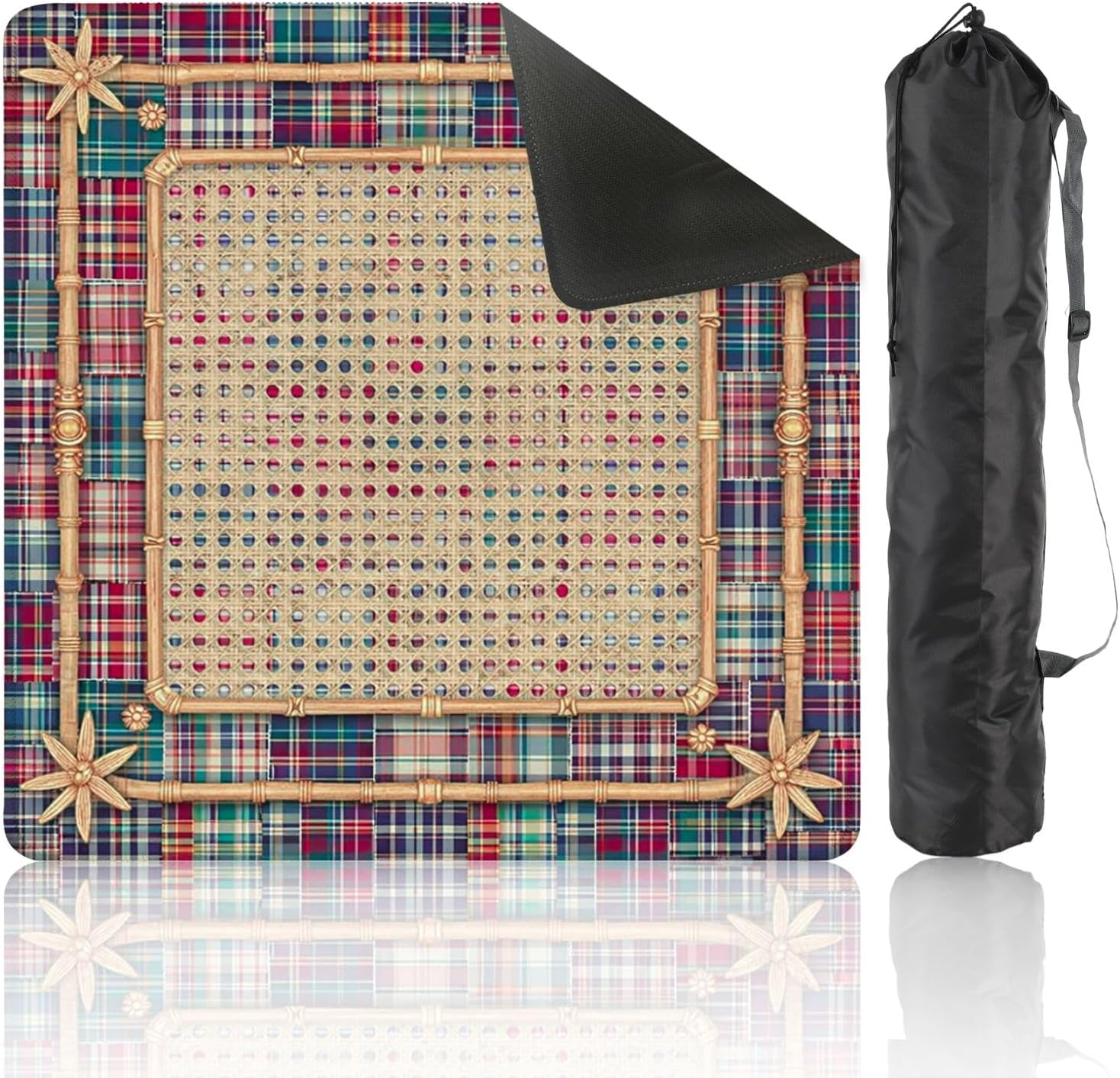 Mahjong Mat with Carrying Bag 31.5" x 31.5" Non-Slip Noise Reduction Woven Cane Lattice Panel Colorful Plaid Patchwork Border Bamboo Frame Table Mat for Mahjong Poker Dominoes Card Board Tile Games