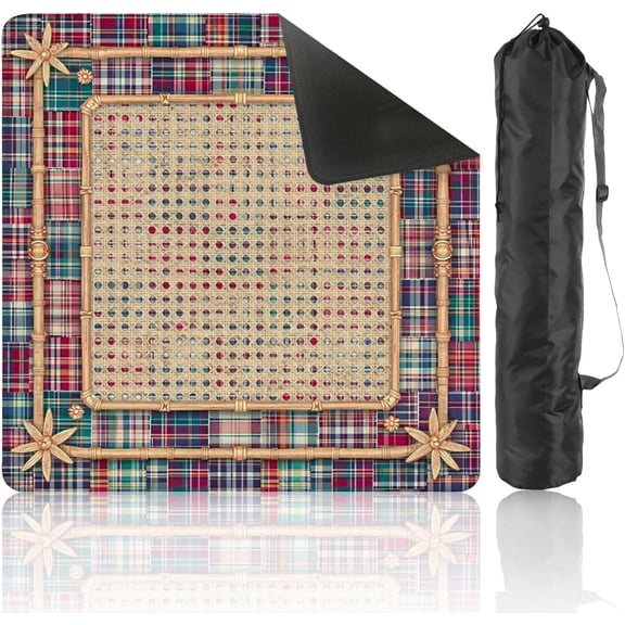 Mahjong Mat with Carrying Bag 31.5" x 31.5" Non-Slip Noise Reduction Woven Cane Lattice Panel Colorful Plaid Patchwork Border Bamboo Frame Table Mat for Mahjong Poker Dominoes Card Board Tile Games