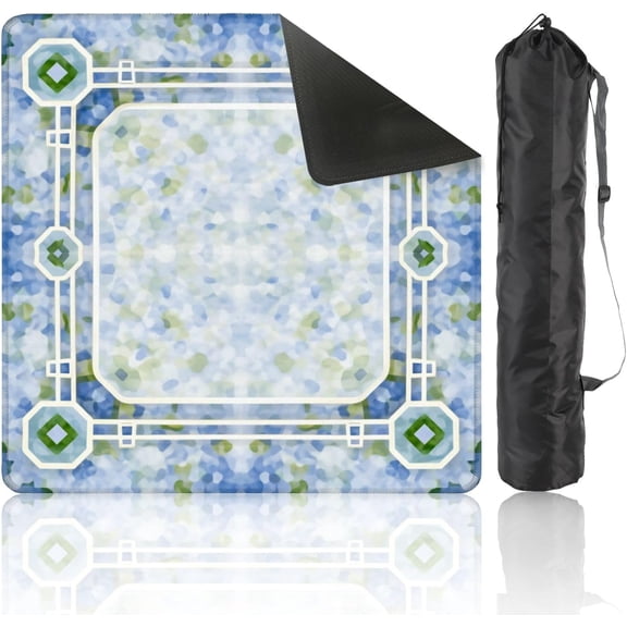 Mahjong Mat with Carrying Bag – 31.5x31.5 Inch Non-Slip Noise Reduction Geometric Abstract Frame Soft Blue Green Watercolor Texture Table Mat for Mahjong, Poker, Dominoes, Card, Board & Tile Games