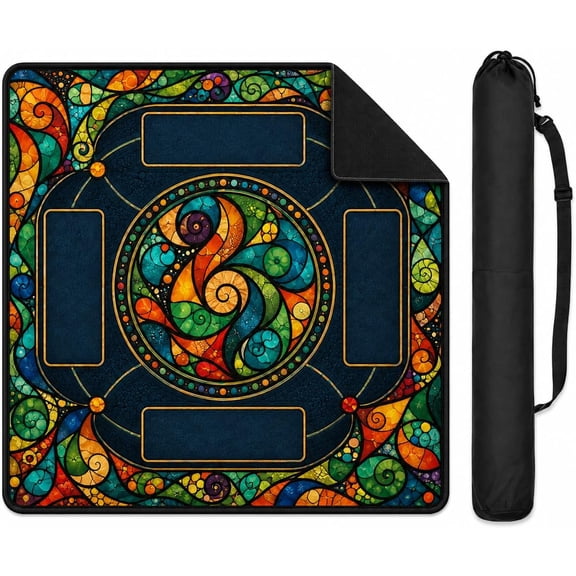 Mahjong Mat with Carrying Bag, Teal Abstract Stained Glass Design for American Mahjong, Non Slip Noise Reducing Table Game Surface, Custom Options for Game Night and Social Club Play