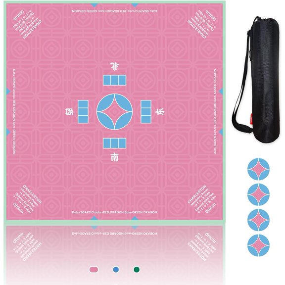 Mahjong Mat and Coasters Set, 32 x 32 Inch Anti Slip Table Cloth with Ancient Coin Pattern, Noise Reduction Surface for Poker, Bridge and Board Games, Includes Storage Bag - Pink