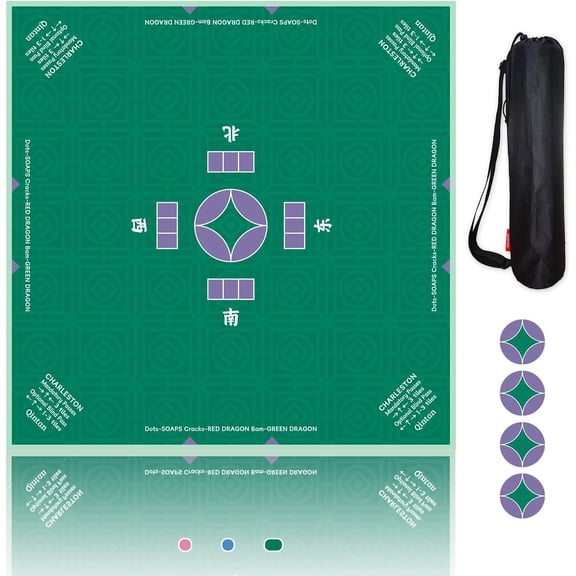 Mahjong Mat and Coasters Set – 32x32 Inch Anti-Slip Table Cloth with Ancient Coin Pattern, Noise Reduction Surface for Poker, Bridge & Board Games, Includes Storage Bag (Green)