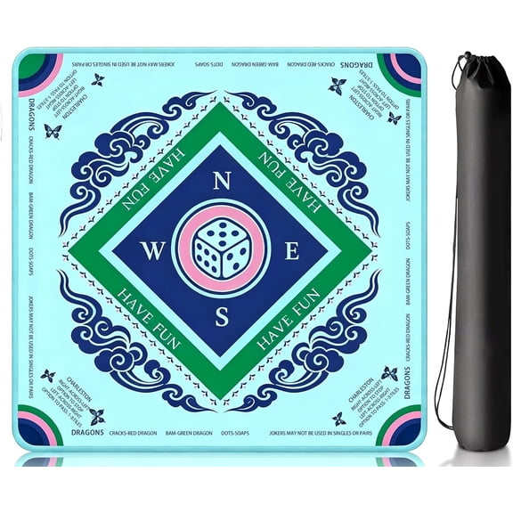 Mahjong Mat with Dice Pattern and Deep Blue Floral Border, 31.5 x 31.5 Inches Square Mahjong Tablecloth Includes American Mah Jongg Rules Non-Slip, Noise-Reducing Rubber Mahjong Mats for Table.