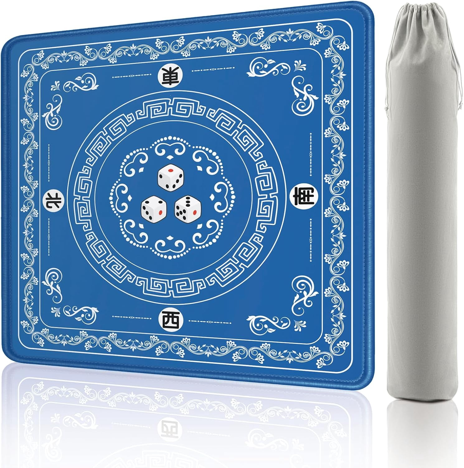 Mahjong Mat - Elegant Blue with Lace Trim | Non-Slip Rubber Gaming Mat & Noise Reducer | for Mahjong Tiles, Poker, Cards, Dominoes, Board Games | 31.5x31.5 Inch