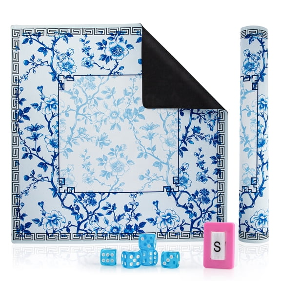 My Mealivos 31.5"x31.5" Rubber Mahjong Mat with Dice, Non Slip Noise Reduction Game Table Cover for Mahjong, Poker, Board, Tile Games-Light Blue