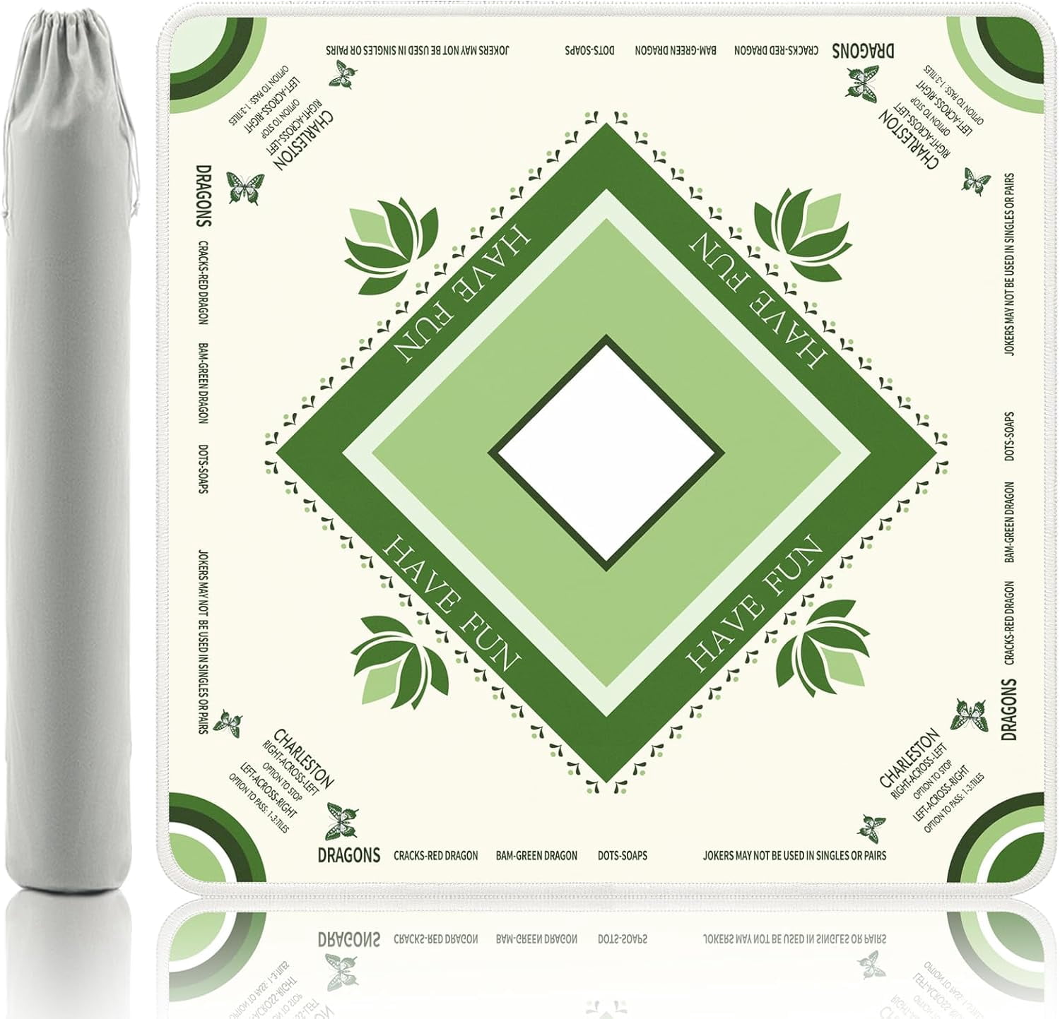 Mahjong Mat with Lotus & Butterfly Artwork - 31.5x31.5 Inch Hand-Painted Style Rubber Mat, Waterproof Surface, Anti-Slip Foldable Design for Asian-Themed Game Nights (Creamy whiten)