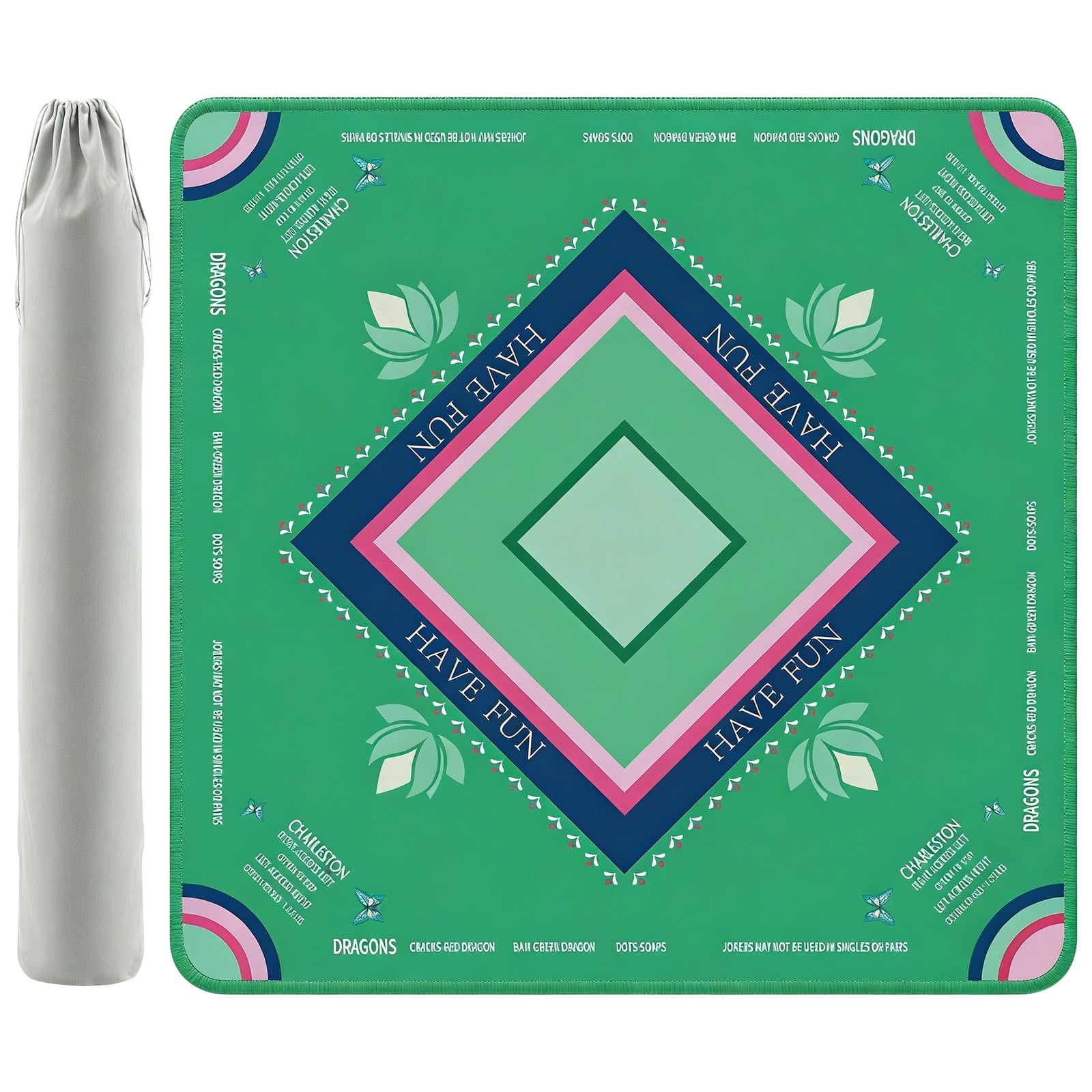 Mahjong Mat with Lotus & Butterfly Pattern, Anti-Slip Noise Reduction Rubber Gaming Mat, 32.4 x 32.4 Inch, Foldable Table Cover for Mahjong, Poker & Board Games (Green)