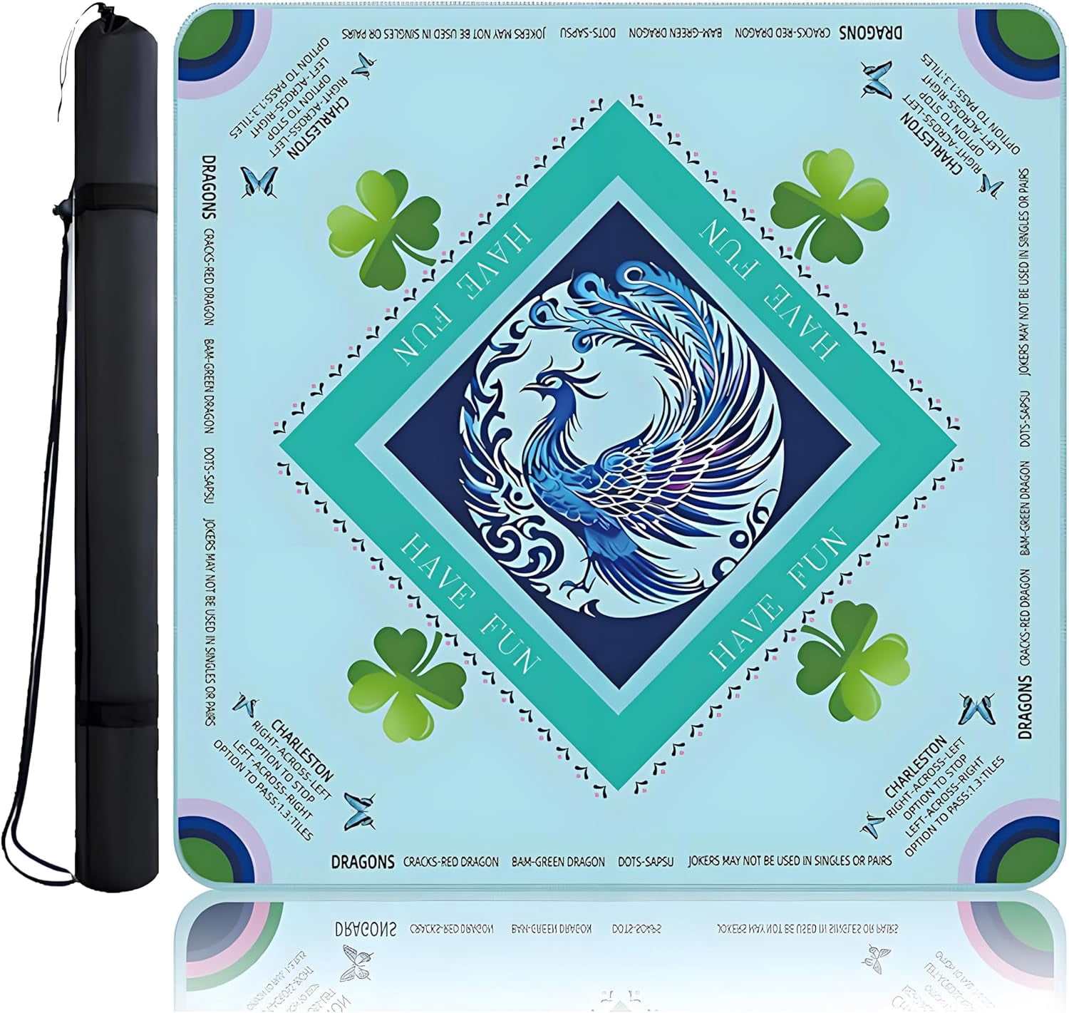 Mahjong Mat Non-Slip 31.5x31.5 Inch | Noise Reduction Game Table Mat with Carrying Bag - for Mahjong, Board Games, Dominoes, Poker Cards, Tabletop Gaming（Blue/Peacock）