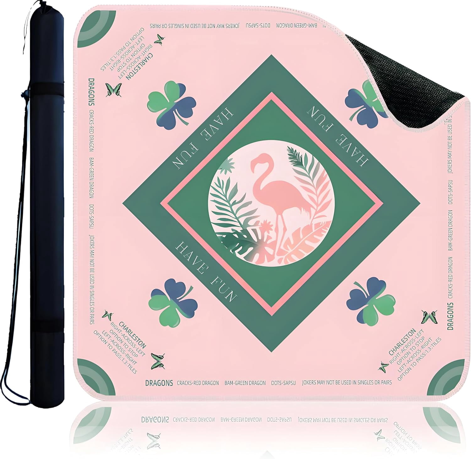 Mahjong Mat Non-Slip 31.5x31.5 Inch | Noise Reduction Game Table Mat with Carrying Bag - for Mahjong, Board Games, Dominoes, Poker Cards, Tabletop Gaming（Pink/Flamingo）