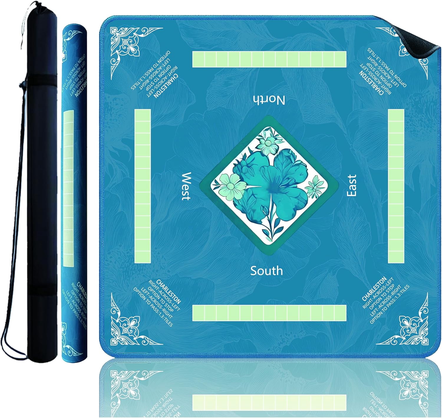 Mahjong Mat Non-Slip 31.5x31.5 Inch | Noise Reduction Game Table Mat with Carrying Bag - for Mahjong (Blue/Four-Leaf Clover)