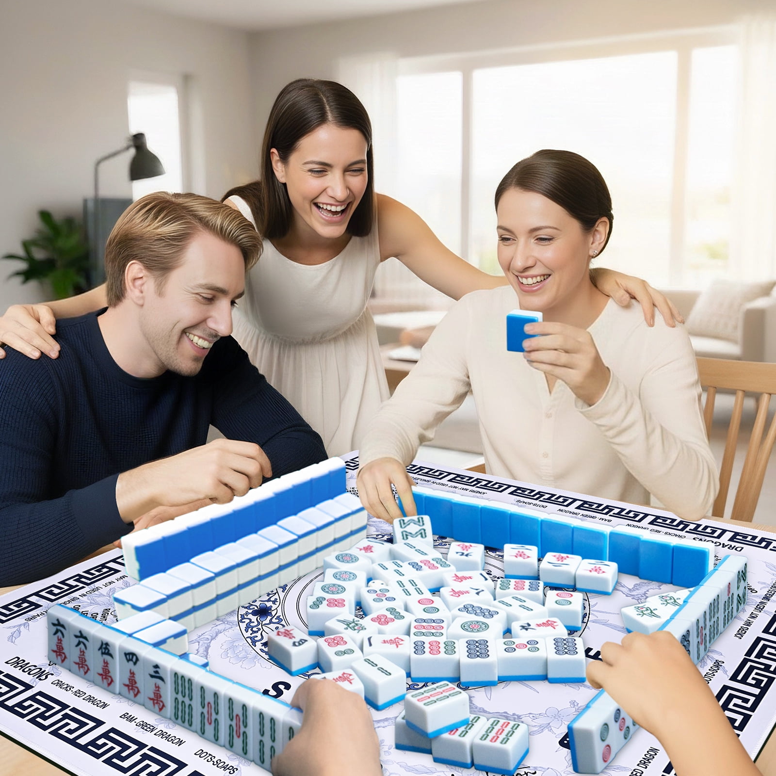 Mahjong Mat with Rules - 31.5" x 31.5" Anti Slip Noise Reduction Mahjong Table Mat with Black Carrying Bag for Mahjong Poker Board Card Tile Games, Dominoes
