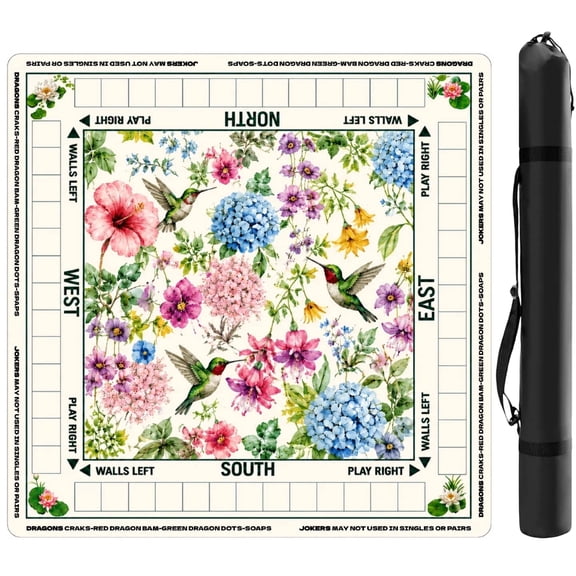American Mahjong Mat with Rules, Floral Hummingbird Designed, 31.5 x 31.5 in, Non-Slip Game Table Mat with Carry Bag