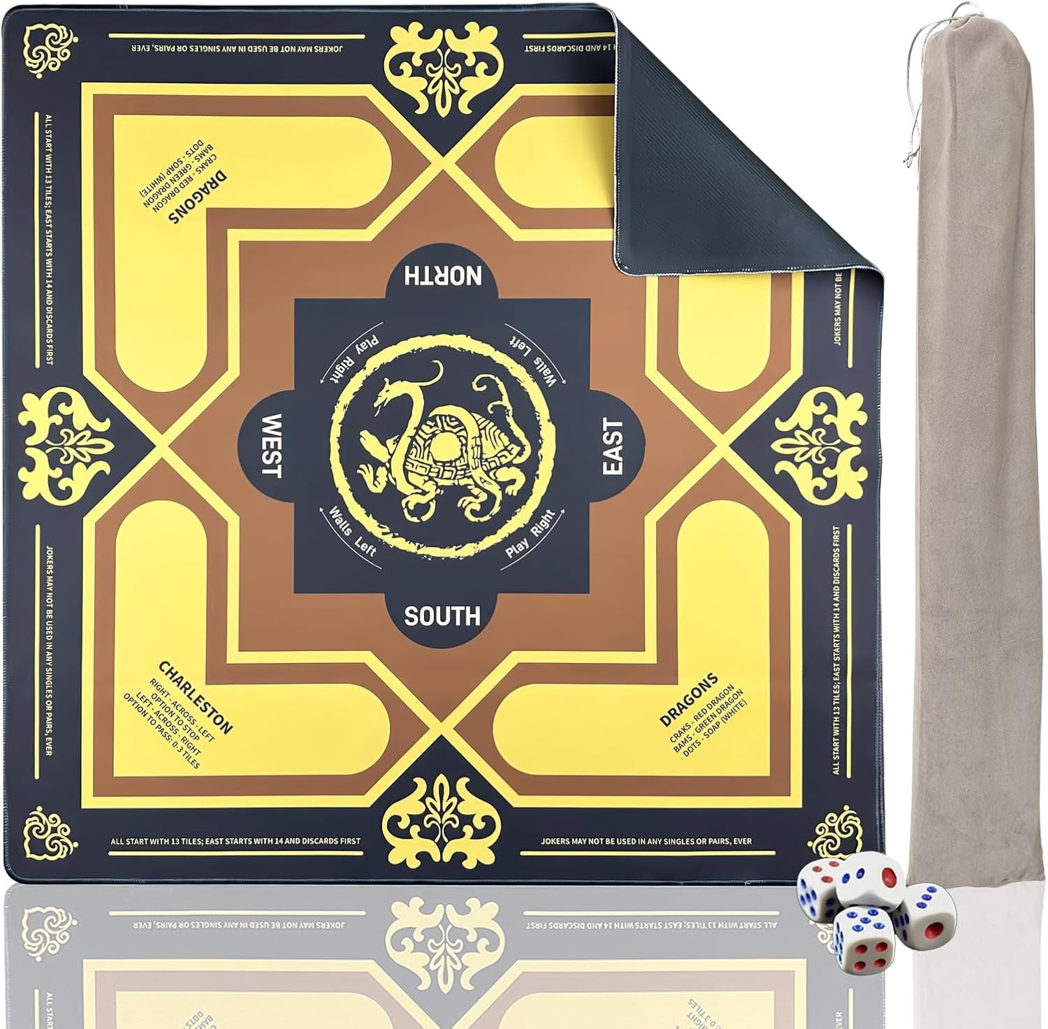 Mahjong Mat with Rules 31" x 31" Non-Slip Noise Reduction, American Mahjong Mat for Table with Bag, Waterproof Mah Jongg Mat for Poker, Playing Cards, Dominoes, Board & Tile Games