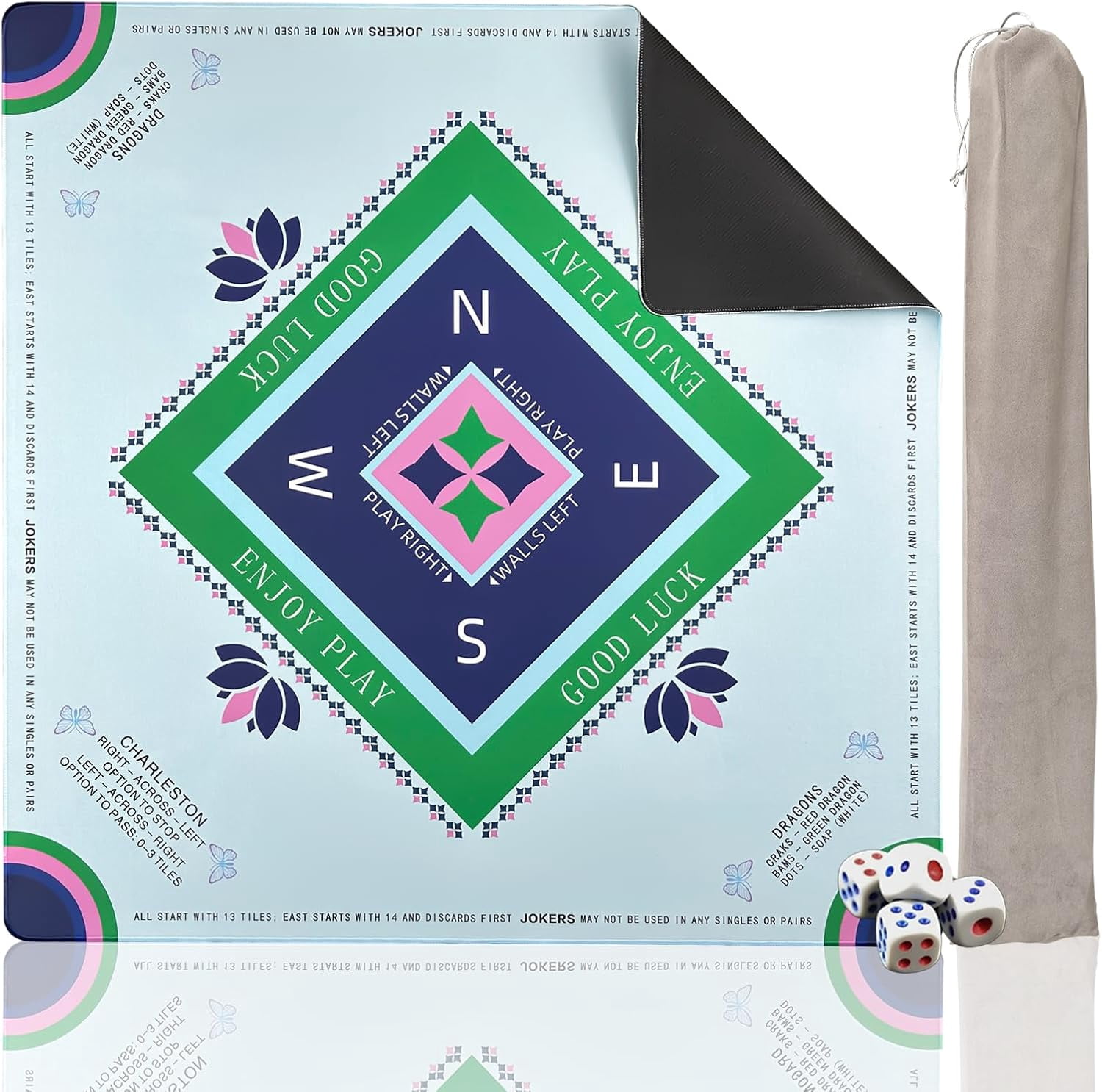 Mahjong Mat with Rules, 31" x 31" Non-Slip Noise Reduction Table Cover, American Mah Jongg Mat for Table with Carry Bag, Waterproof Gaming Surface for Poker, Card, Dominoes, Board & Tile Games