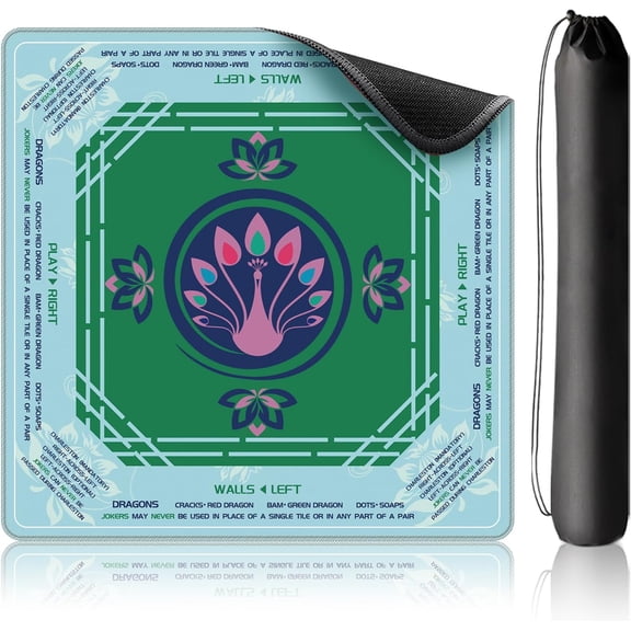 Mahjong Mat with Rules 33×33", Anti-Slip American Mahjong Table Mat with Portable Carry Bag, Durable Stitched Edges, Noise Reduction Rubber Board Game Pad, Gift