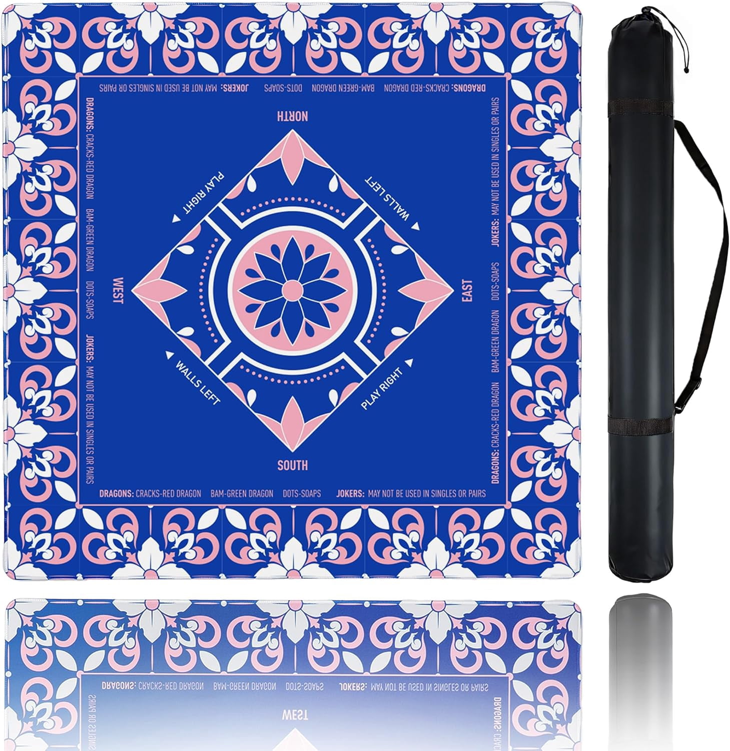 Mahjong Mat for Table, 31.5''''x31.5'''' Non-Slip & Noise Reduction Mahjong Mat with Rules,Mah Jongg Gift with Carrying Bag for Poker,Board Games,Dominoes,Cards & Tile Games (Blue)