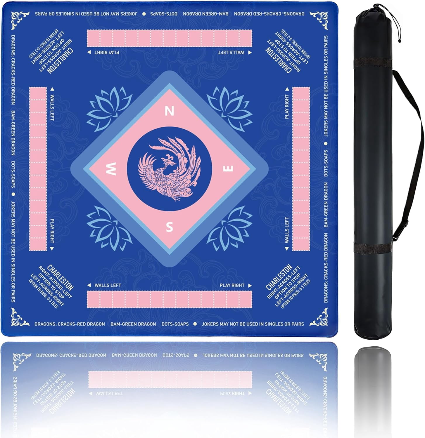 Mahjong Mat for Table, 31.5''''x31.5'''' Non-Slip & Noise Reduction Mahjong Mat with Rules,Mah Jongg Gift with Carrying Bag for Poker,Board Games,Dominoes,Cards & Tile Games (Blue-Pink)
