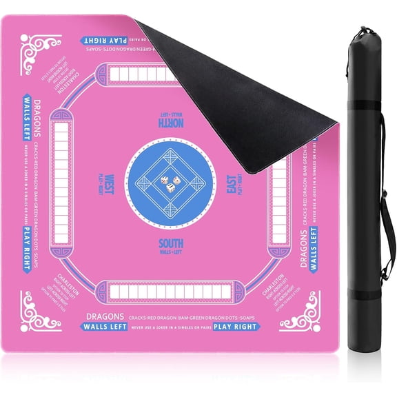 Mahjong Mat for Table 33 x 33, Premium Non-Slip Noise-Reducing Table Cover, 2mm Thick Waterproof Rubber Game Mat with Carrying Bag Foldable Mahjong Table Mat for Card & Board Games (Pink)