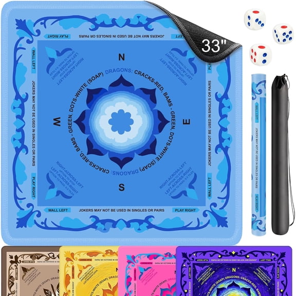 Mahjong Mat for Table, 33x33 Inch Neoprene Mahjong Mat with Rules, Non-Slip Noise Reduction Mah Jongg Mat with Carrying Bag and 3 Dice for Card, Board, Poker, Tile Games, Dominoes (Blue)