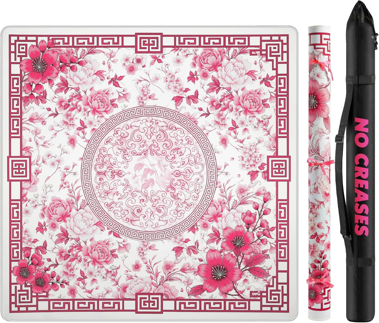 Mahjong Mat for Table 33x33 Inch, No-Crease, Anti-Slip, Noise-Reducing American Mahjong Mat, Mahjong Table Mat with Carry Bag, Neoprene Mahjong Mat for Poker, Card, Board(Pink)